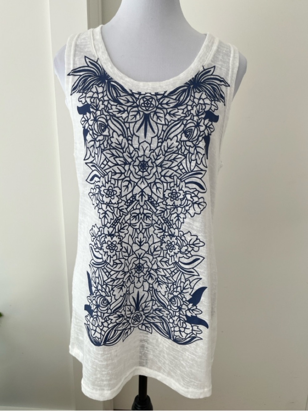 PAPILLON Sheer Slub Texture Tank Tunic Botanical Graphic Front Summer Resortwear